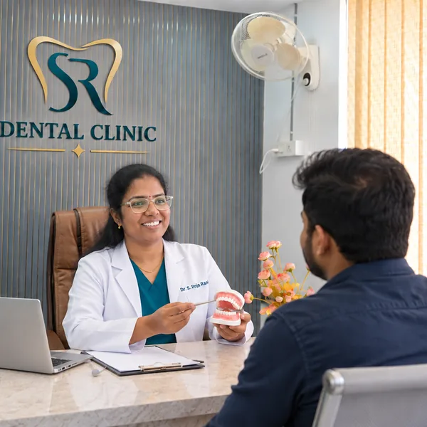 Dentist with a patient at SR Multispecialty Dental Clinic, Gajularamaram